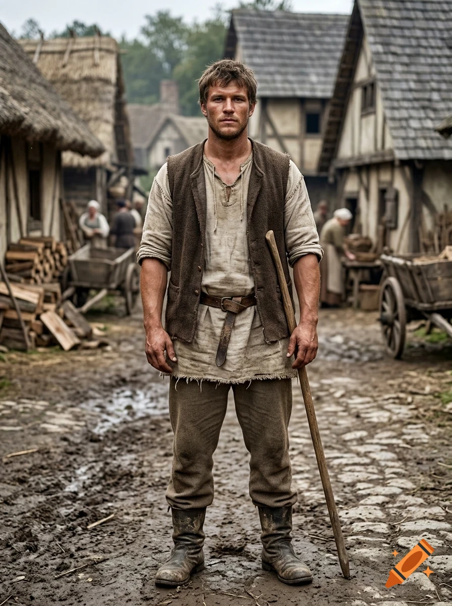 A man in medieval peasant clothing standing on a dirt and stone village street holding a wooden staff.