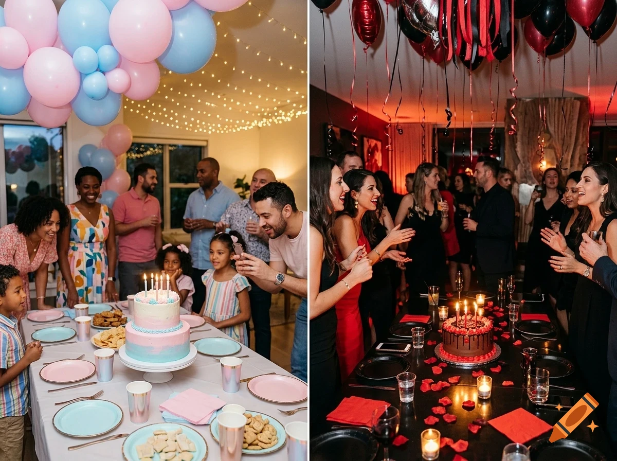 A split image showing two different birthday parties: one with bright blue and pink balloons and a pastel cake, and another with dark red and black decorations and a chocolate cake.