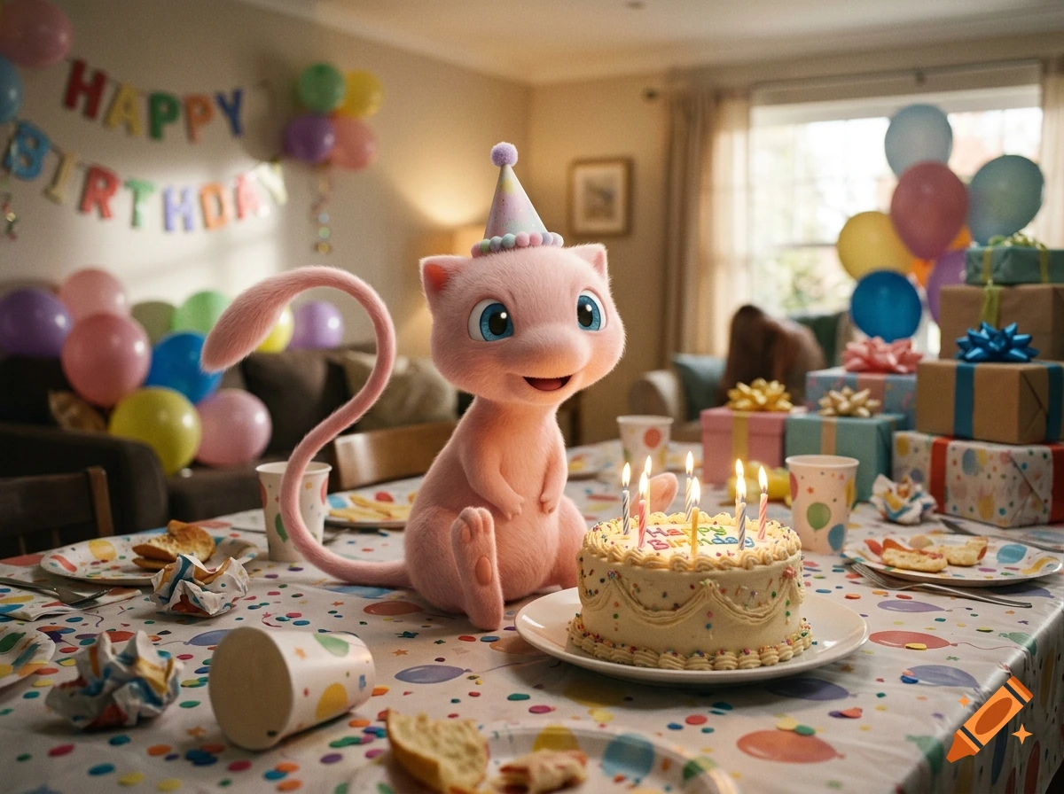 Photorealistic 3D render of Mew sitting at a birthday table with a cake and balloons in a living room.