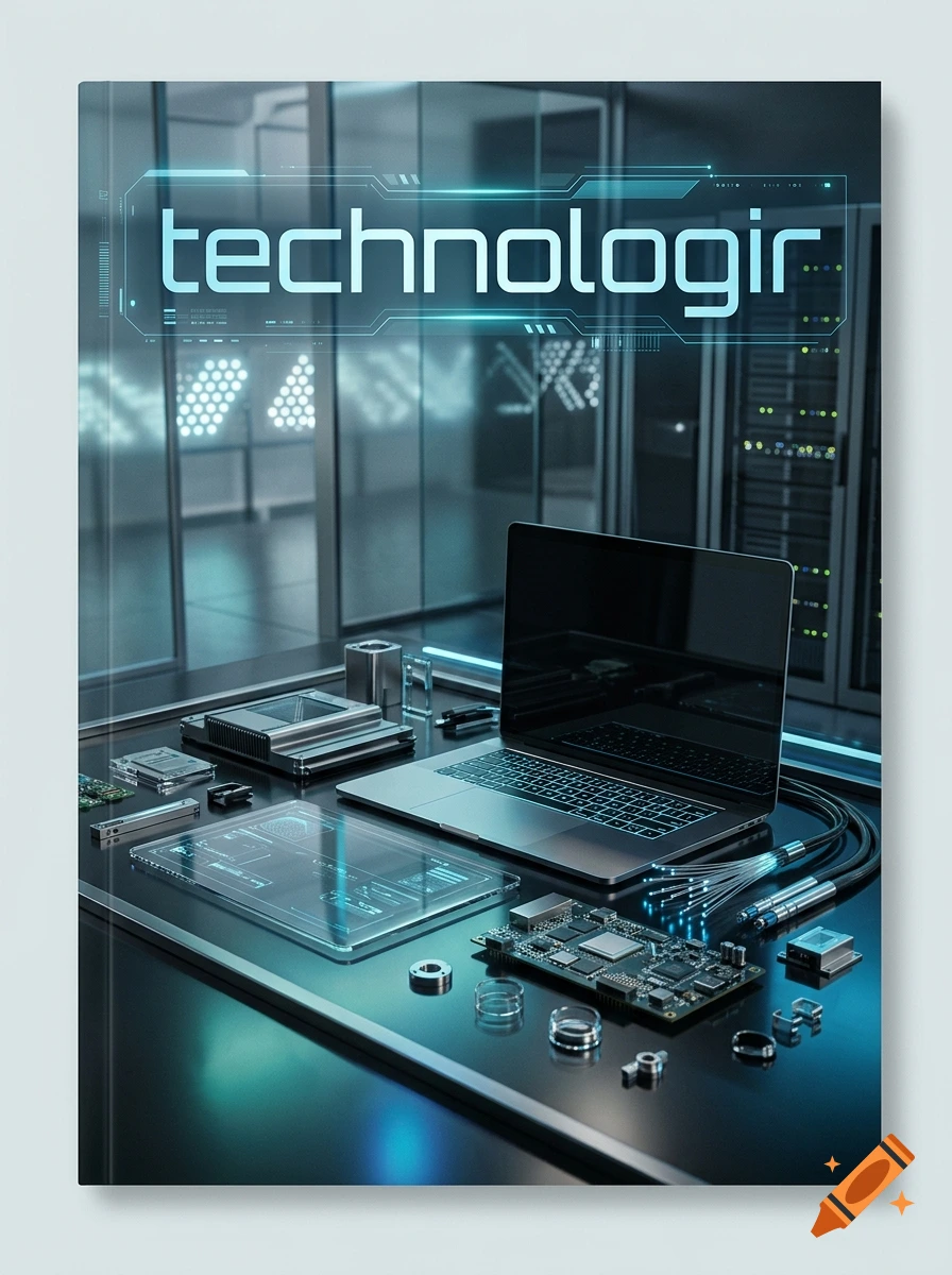 Futuristic technology magazine cover showing a laptop, circuit boards, and server racks in a high-tech lab.