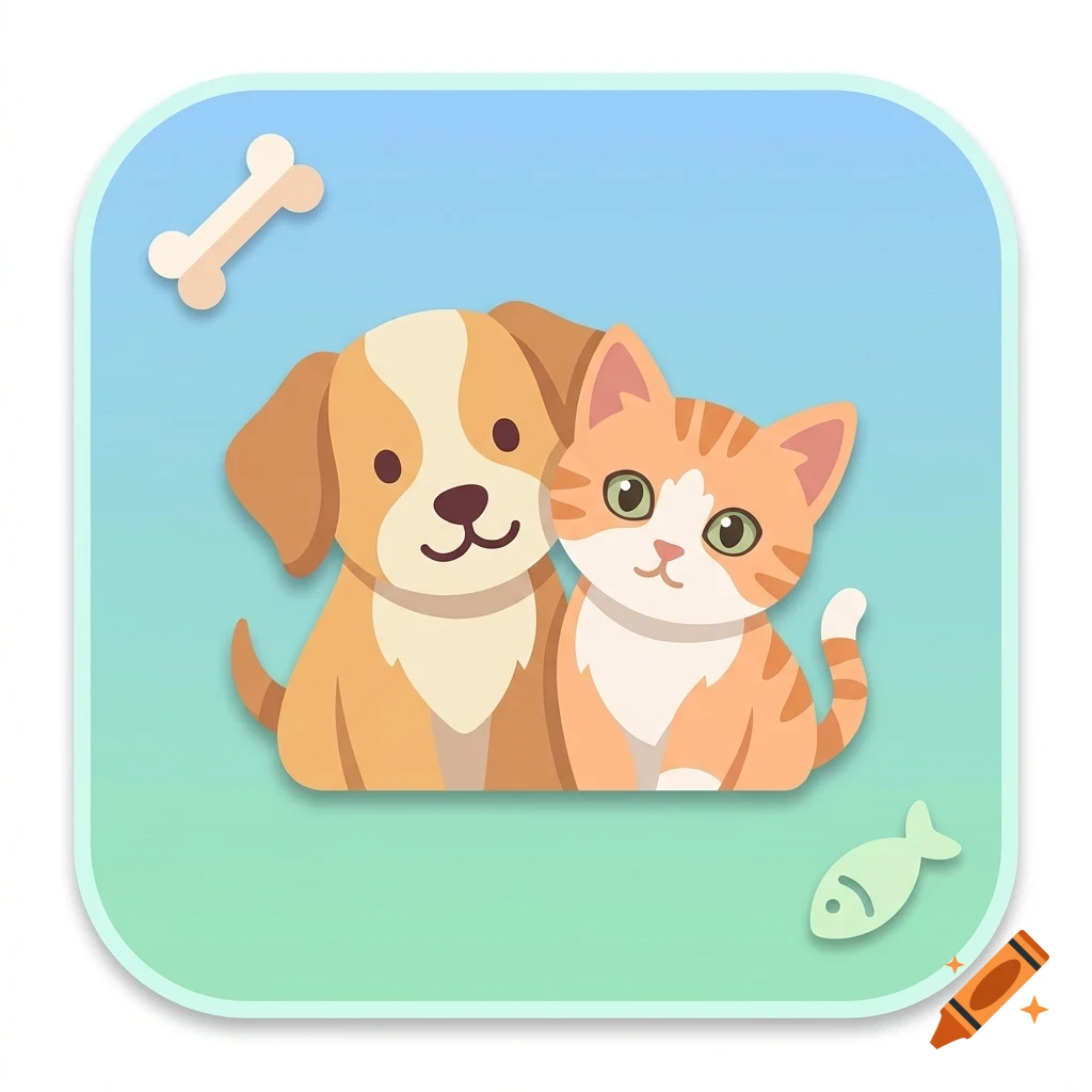 An app icon featuring a cute cartoon dog and cat sitting side by side against a blue and green gradient background with a bone and fish graphic.