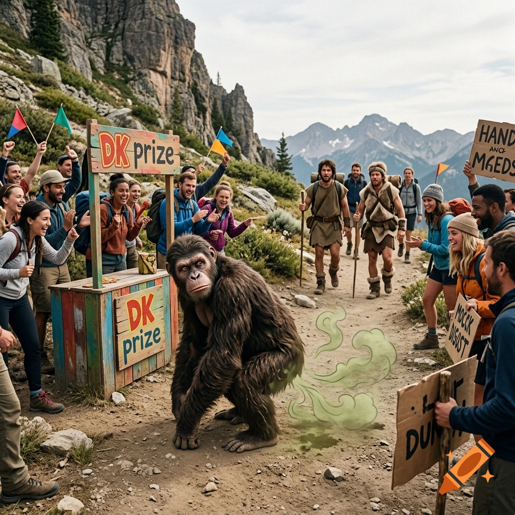 An ape squatting on a mountain trail with a cartoon green cloud, surrounded by cheering people holding signs.