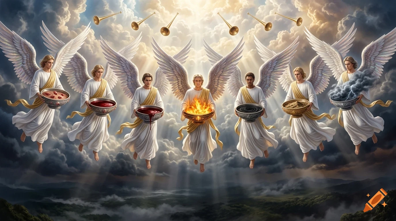Seven winged angelic figures in white robes hover in a cloudy sky with divine light, holding bowls and with trumpets floating above.