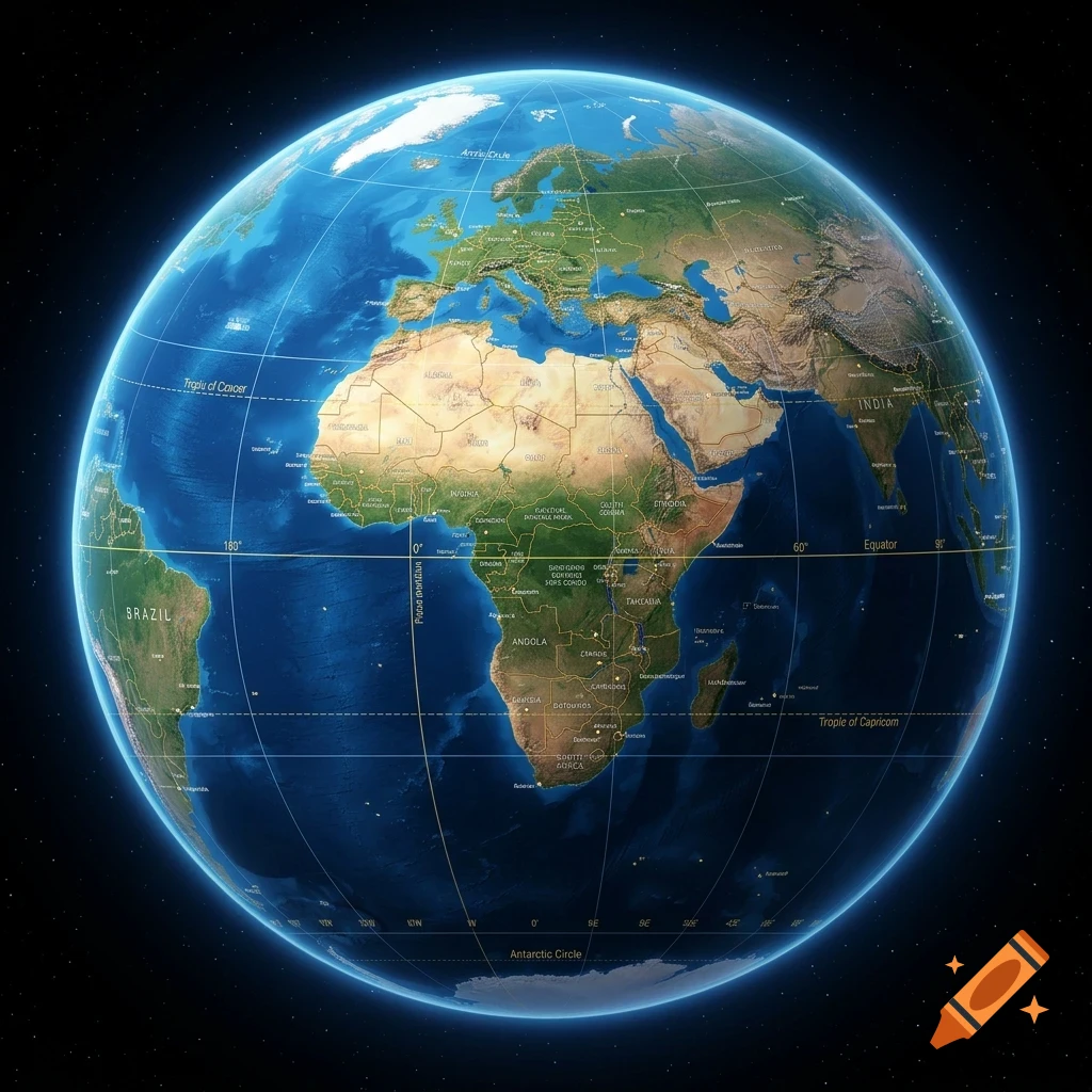 Digital illustration of Earth from space, centered on Africa and Europe with visible grid lines and atmosphere glow against a starry background.