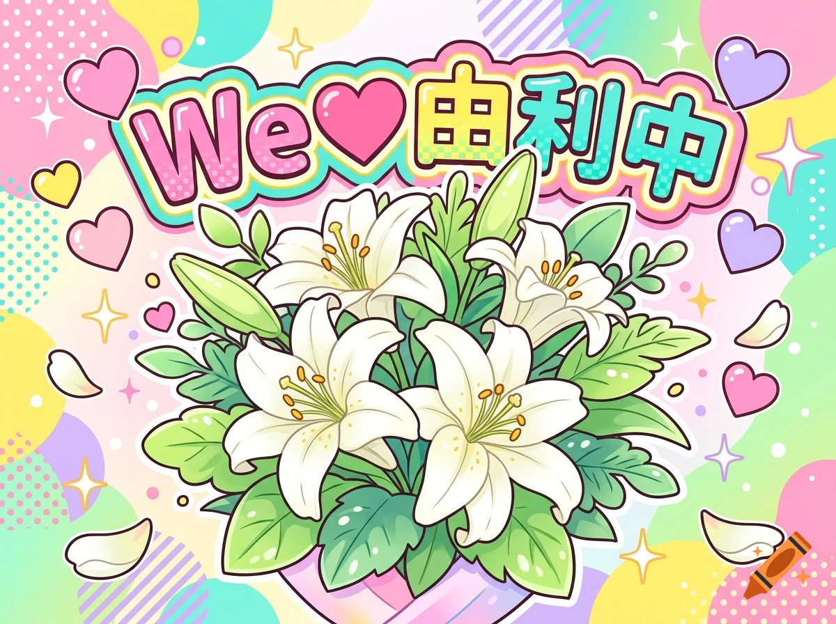 Colorful anime-style illustration of a white lily bouquet surrounded by hearts, sparkles, and the text We❤由利中.