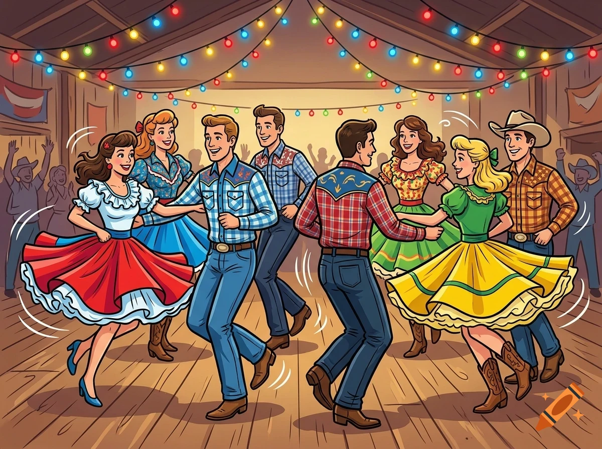 Several couples in western-style clothing square dancing inside a rustic wooden barn decorated with string lights.