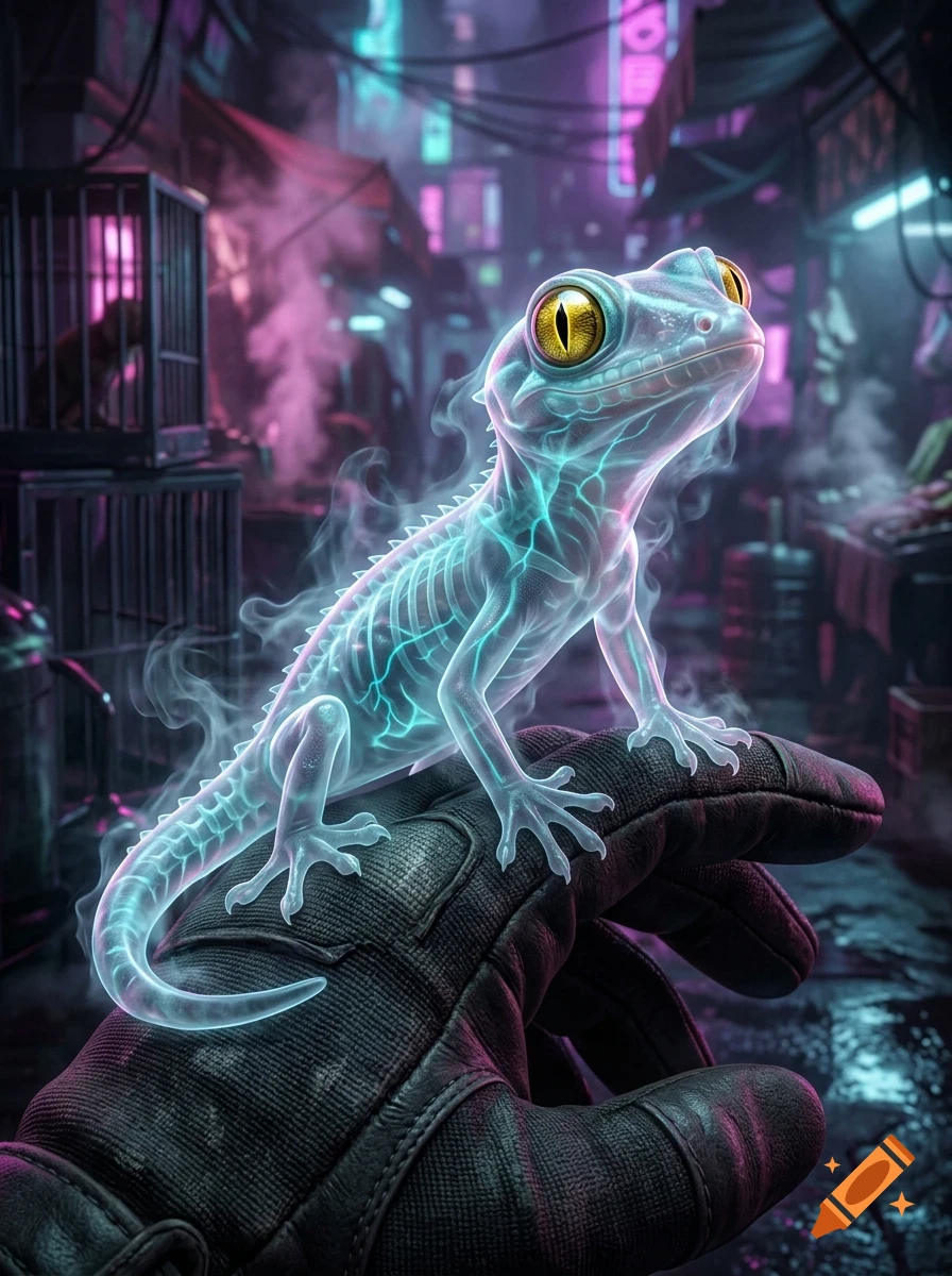 A translucent, glowing digital gecko with large yellow eyes resting on a gloved hand in a futuristic, neon-lit alleyway.