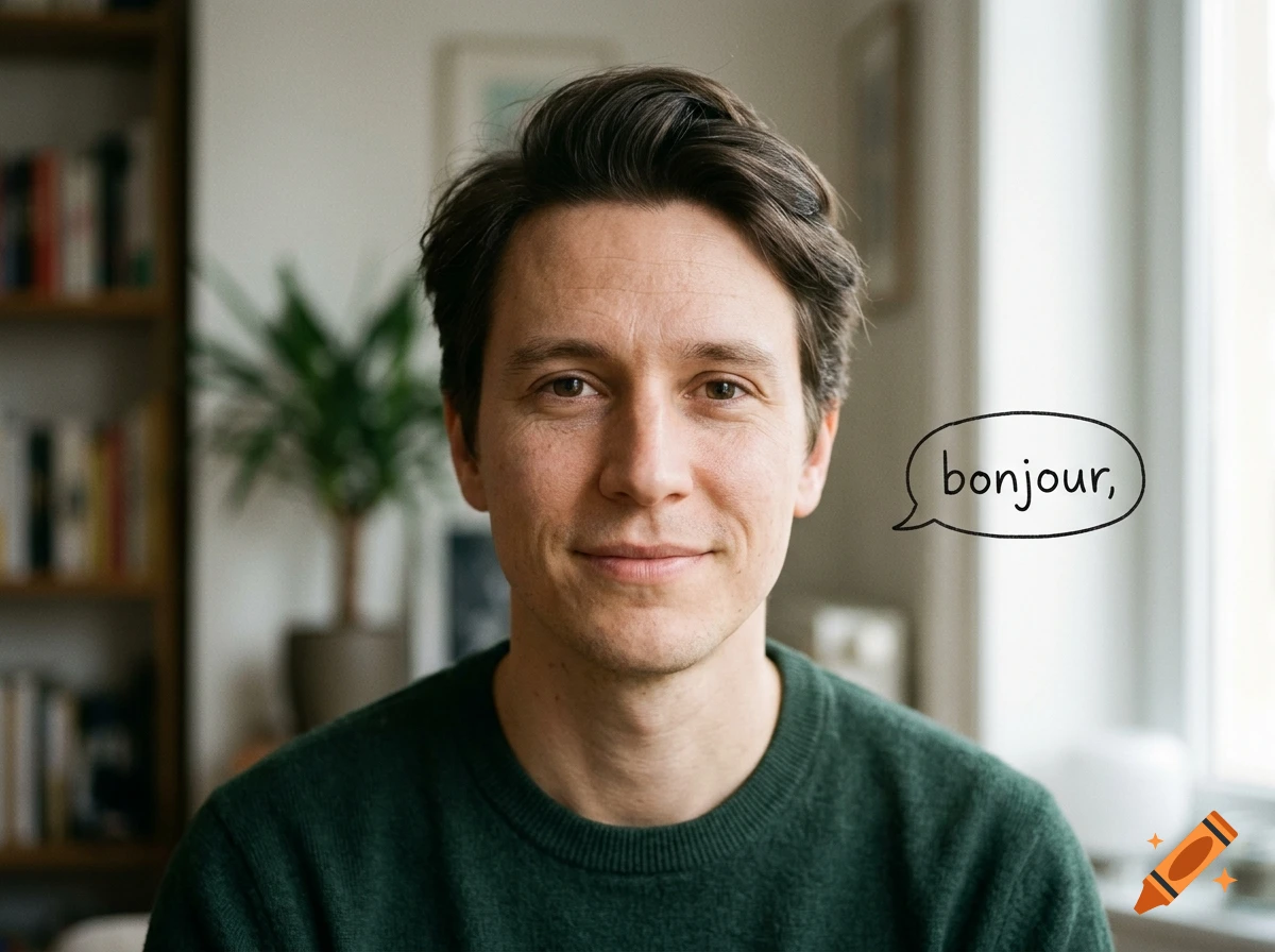 Portrait of a man wearing a green sweater with a speech bubble saying bonjour