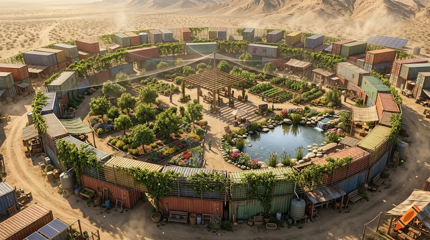 An aerial view of a large circular eco-settlement in the desert, enclosed by colorful shipping containers with lush greenery, featuring a central garden, pond, and pergola.