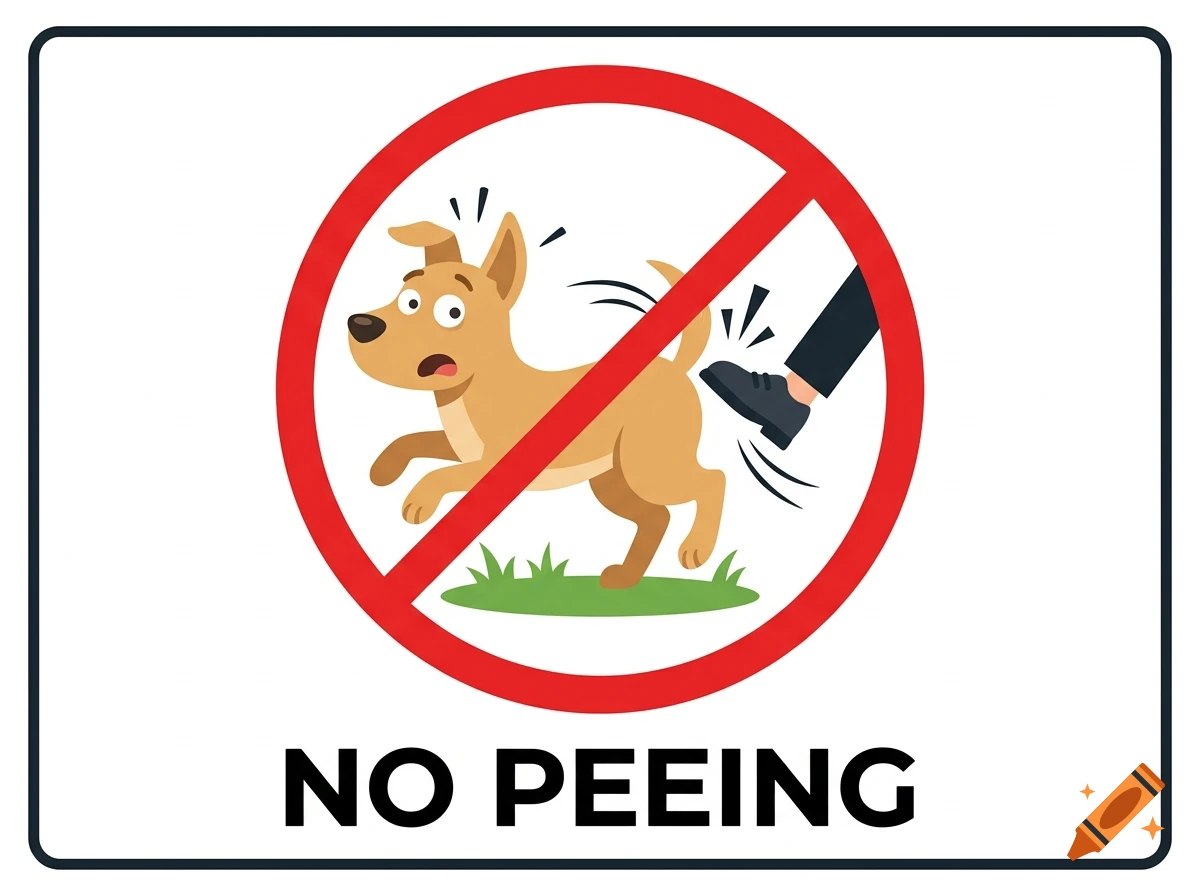Vector style warning sign showing a cartoon dog getting kicked with text NO PEEING below.