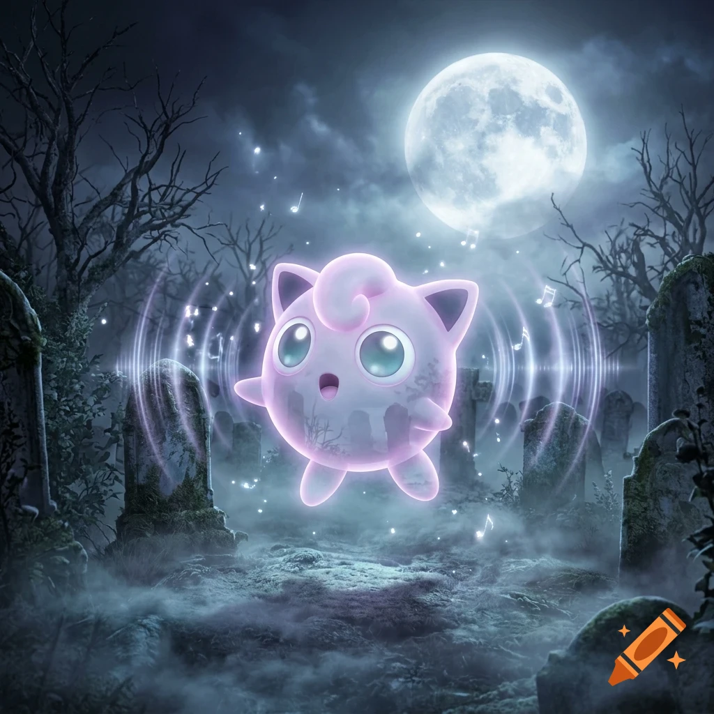 A glowing pink Jigglypuff floats in a misty graveyard under a full moon, surrounded by sound waves and musical notes.