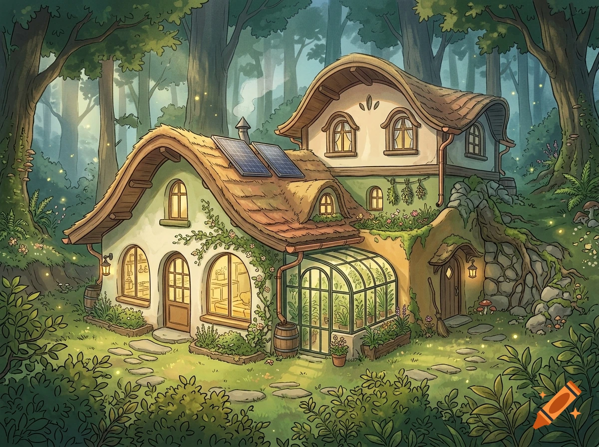 Studio Ghibli style illustration of a charming eco-friendly straw bale cottage with solar panels and a greenhouse in a lush forest.