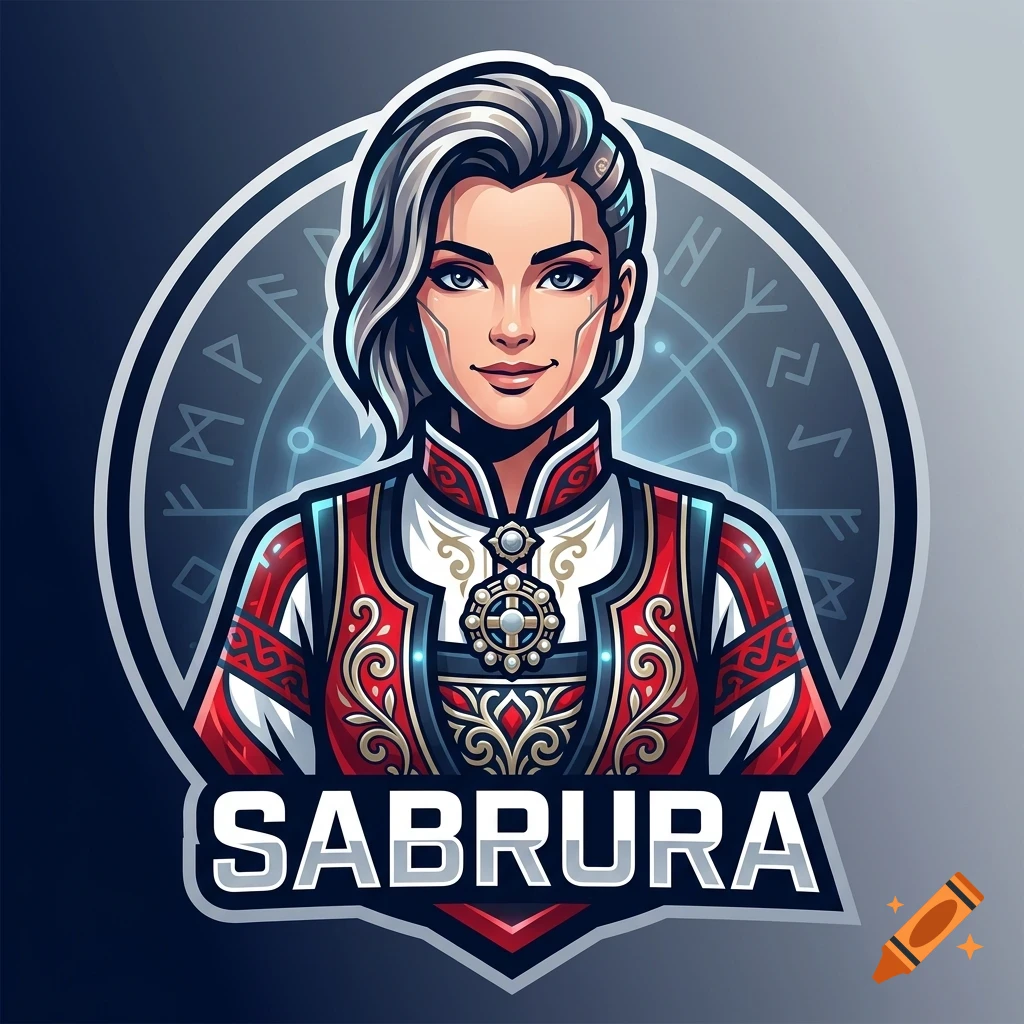 Esports style team logo featuring a woman with silver hair in traditional-inspired attire inside a circular crest with the text SABRURA.