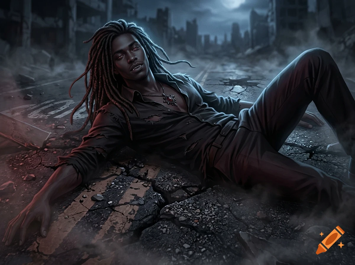 A man with dreadlocks lying on a ruined, cracked street amidst a destroyed city backdrop.