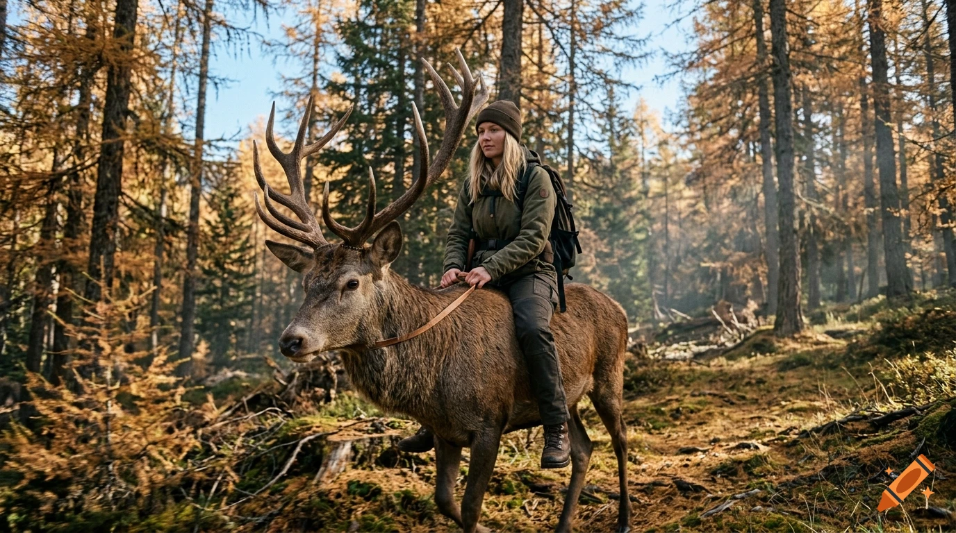 A woman riding a large red deer with impressive antlers through an autumn forest with golden trees.