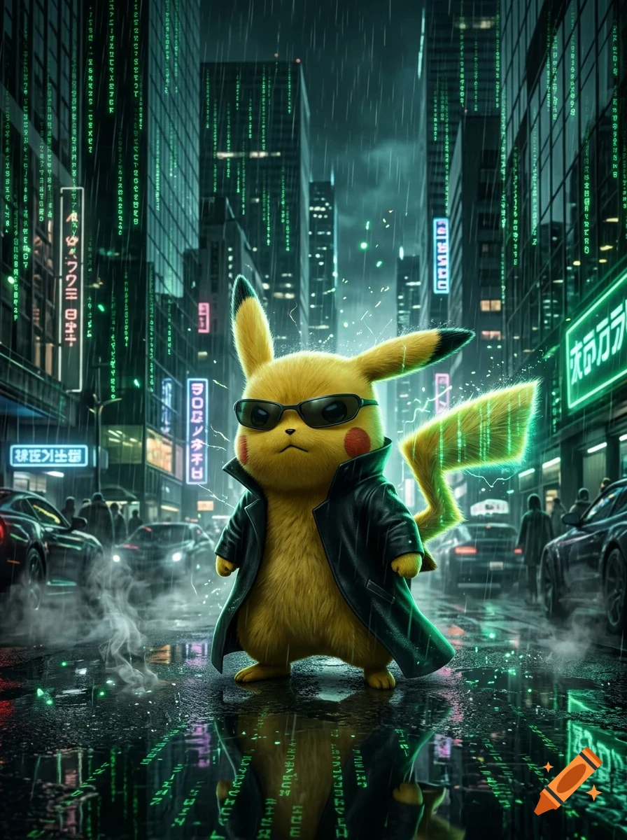 A Pikachu character wearing sunglasses and a trench coat standing on a wet street in a futuristic city with green glowing matrix-like rain.
