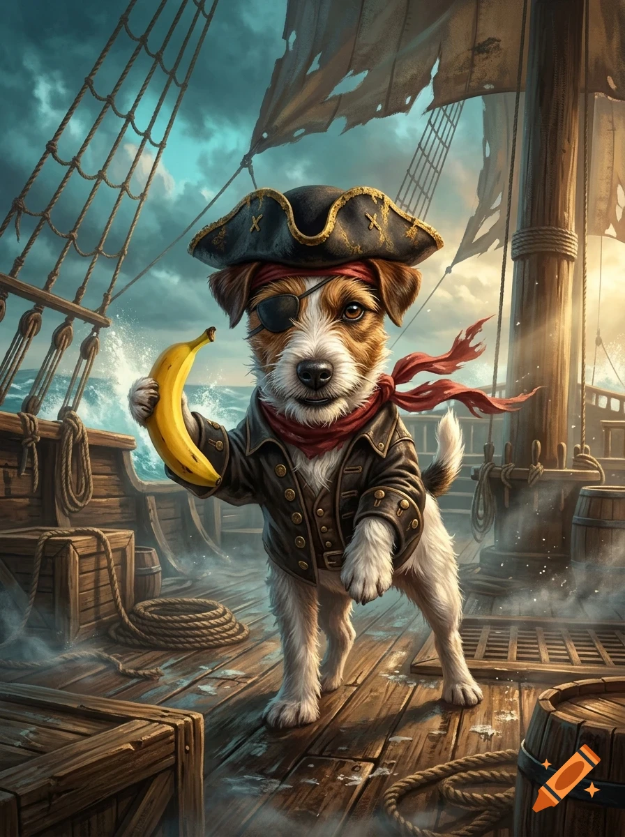 A Jack Russell Terrier dressed as a pirate holding a banana on a wooden ship deck.