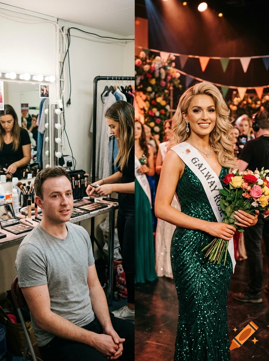 A split-screen image showing a backstage makeup preparation on the left and a woman in a green sequin dress holding flowers on stage on the right.