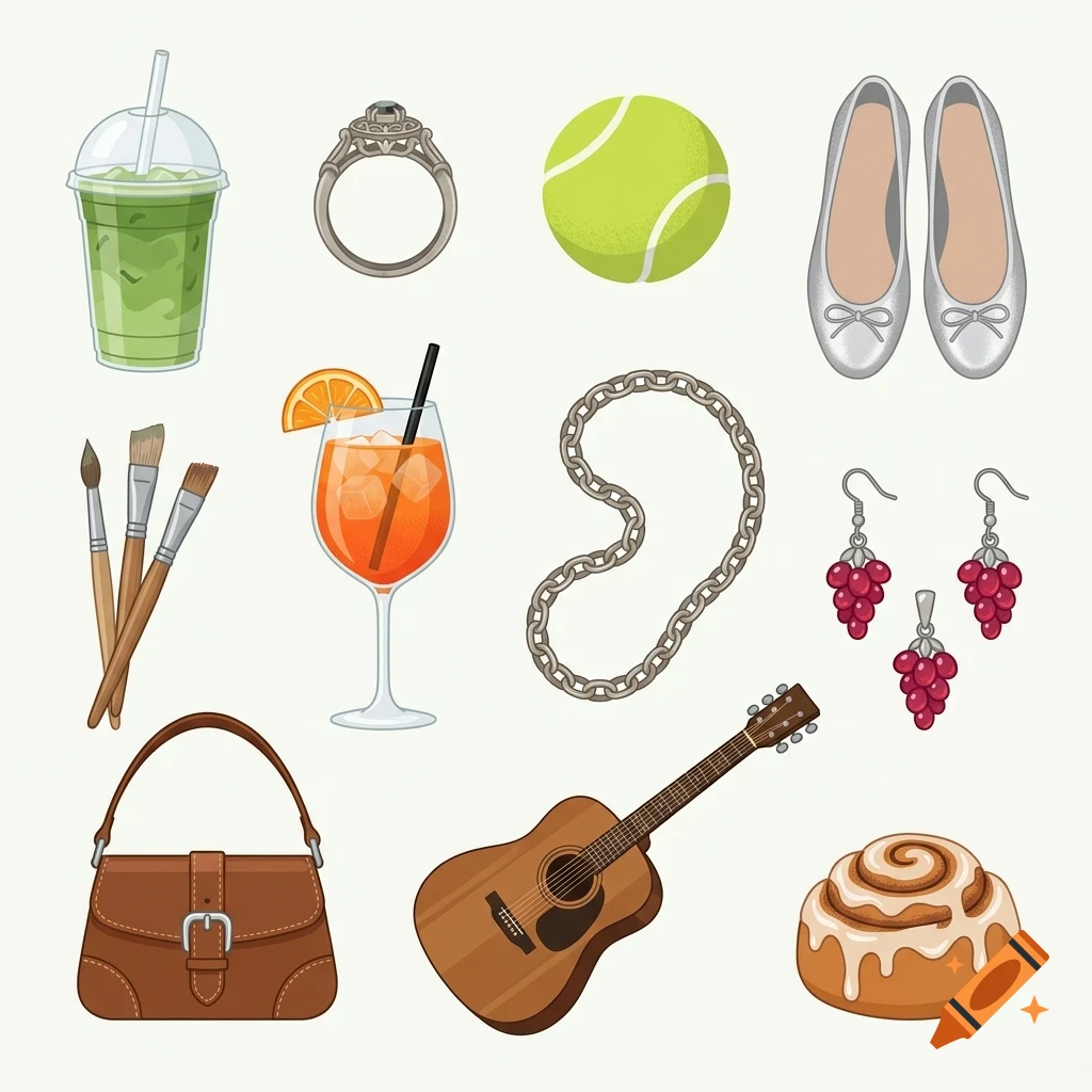 An array of illustrated lifestyle items, including a green smoothie, ring, tennis ball, flats, paintbrushes, cocktail, chain, grape earrings, handbag, guitar, and cinnamon roll.