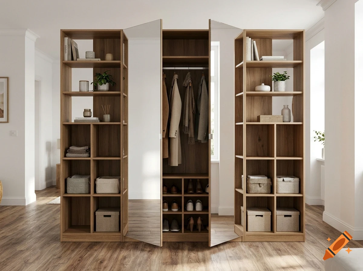 A modern wooden wardrobe system with integrated shelving units, hanging space, shoe cubbies, and large mirrored doors in a bright living space.