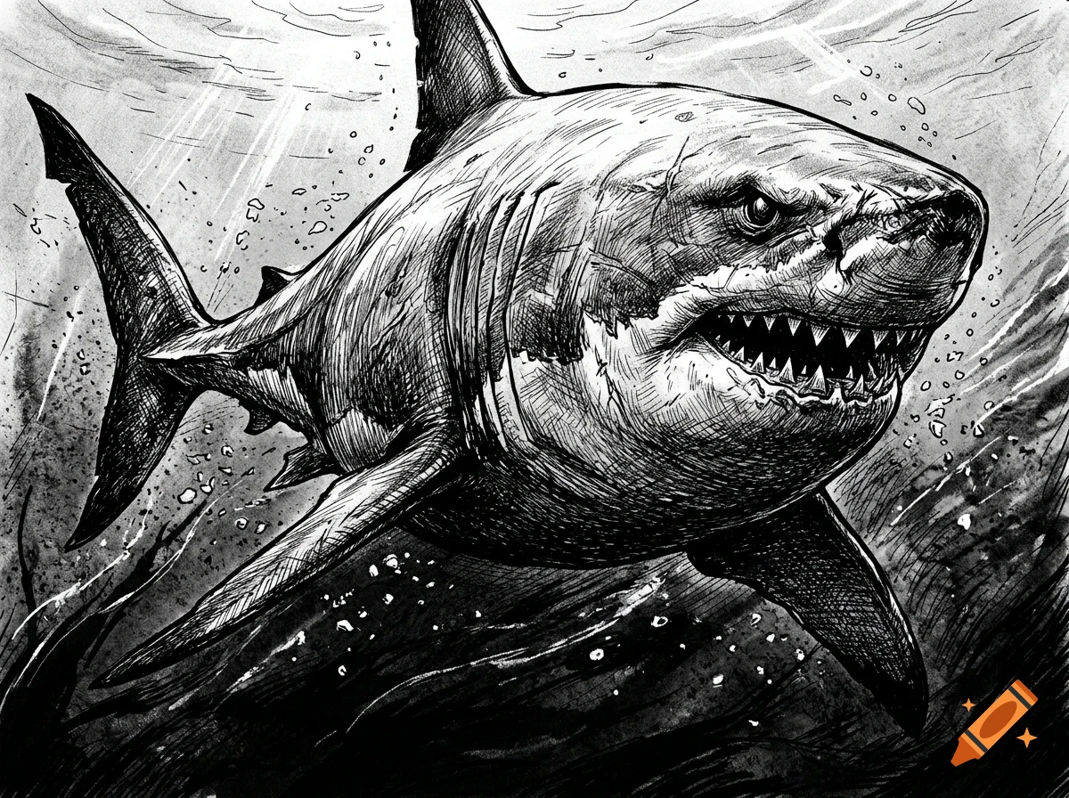 An inked illustration of a great white shark swimming underwater.
