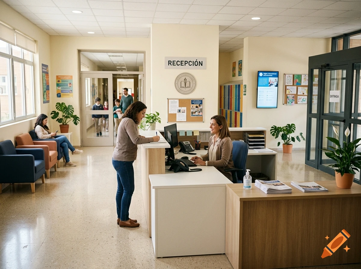 Photorealistic image of a school reception area with a receptionist at a desk and visitors.