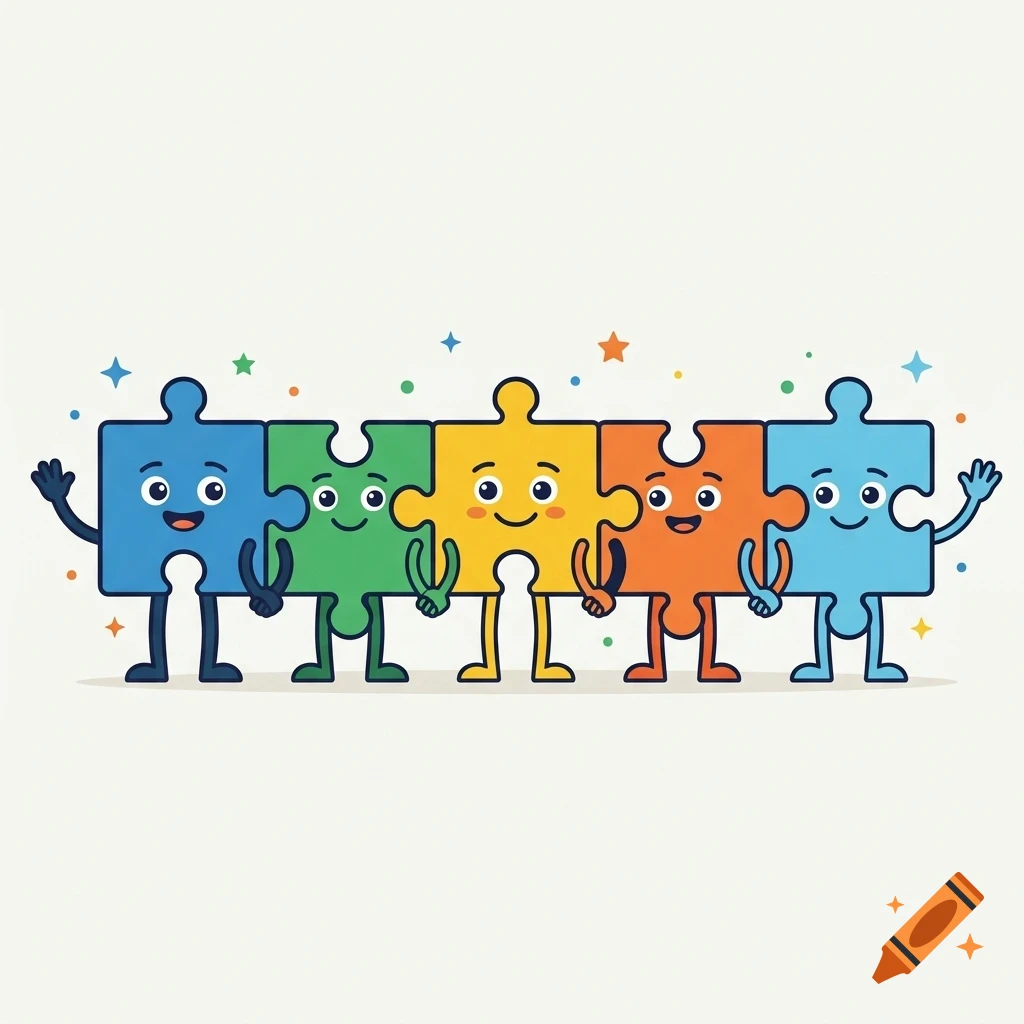 Five colorful cartoon puzzle pieces with faces holding hands in a row.