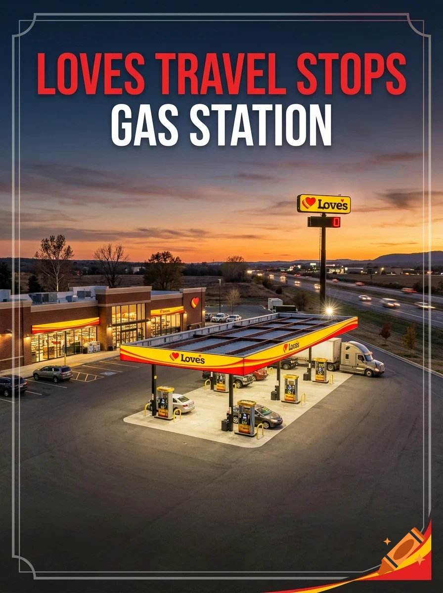 An aerial photo of a Love's Travel Stops gas station at sunset, with cars and a semi-truck parked under the canopy and text overlaying the top.