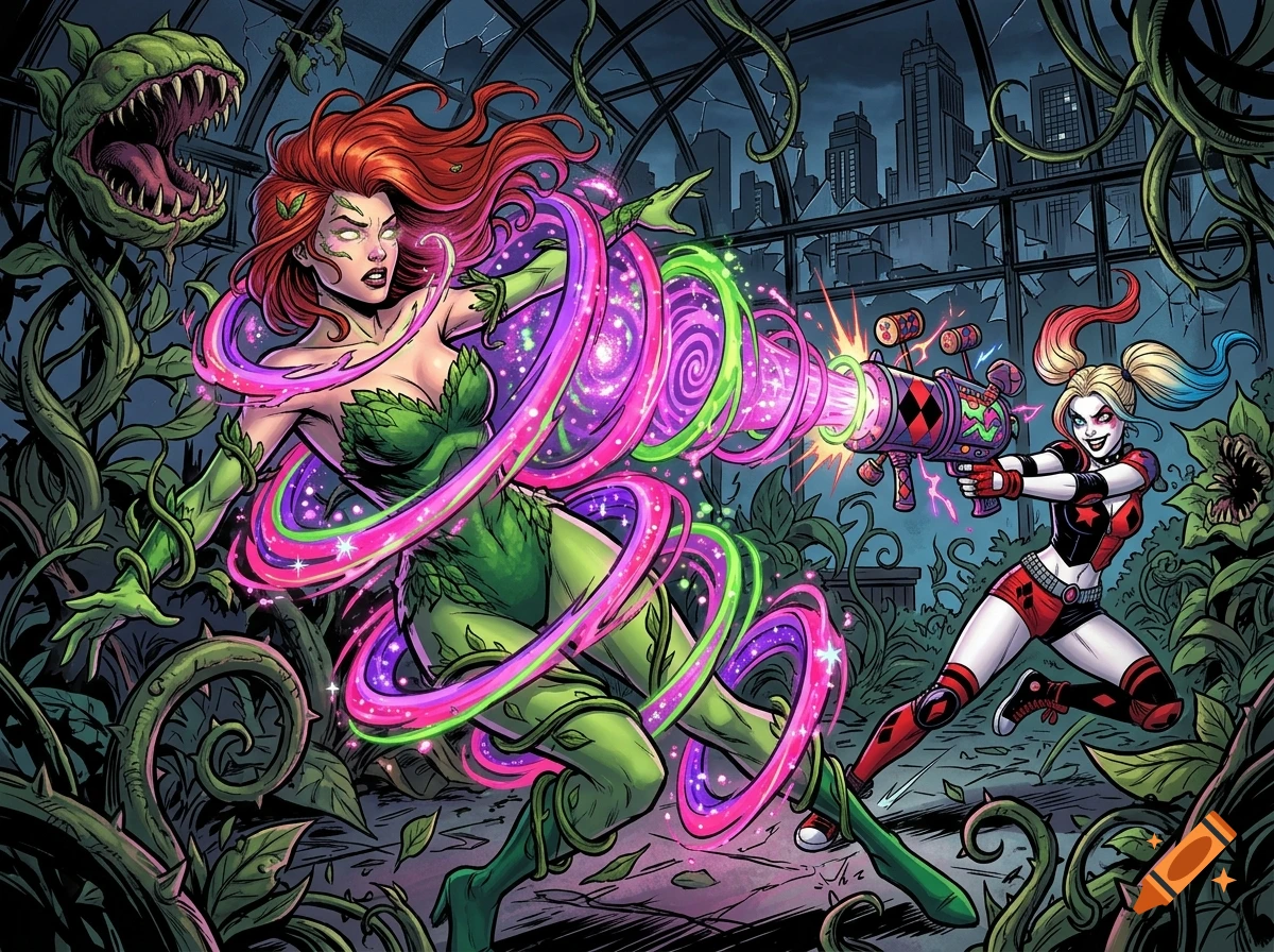Comic book style illustration of Poison Ivy getting hit by Harley Quinn's mind control ray in a greenhouse.