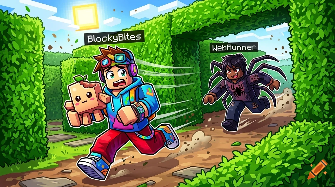 An illustrated digital artwork shows two blocky characters running through a green hedge maze. One character holding a cute square creature is chased by another character with spider legs.