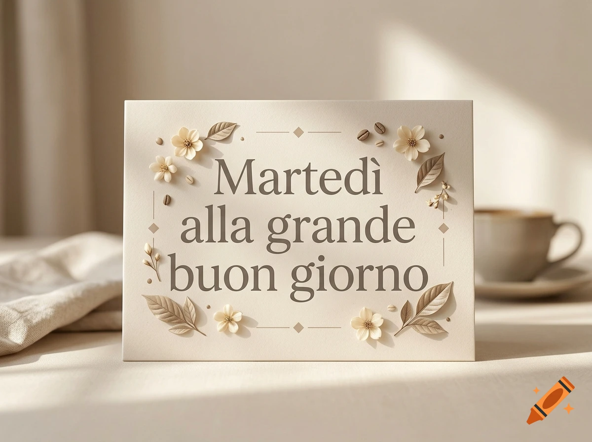 Beige card with elegant typography reading Martedi alla grande buon grande, decorated with small flowers and coffee beans on a soft background.