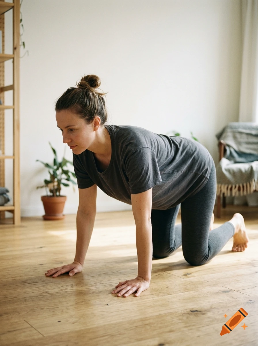 Photorealistic image of a woman doing yoga on all fours on a wooden floor at home.