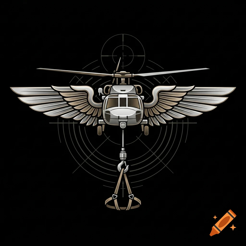 An illustrated graphic of a military helicopter with large wings, hovering in front of a target reticle background, with a rescue hoist and harness hanging below.