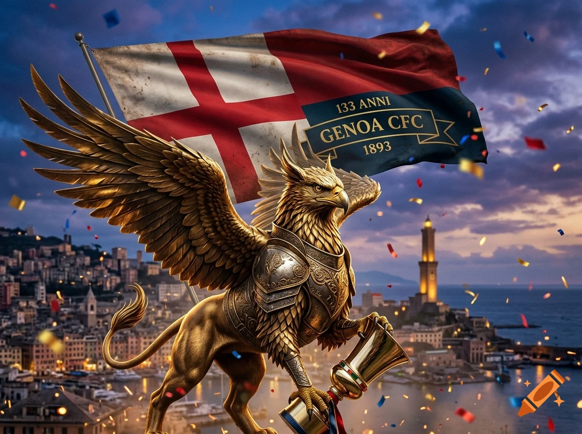 A golden griffin statue wearing ornate armor holds a trophy with a Genoa CFC flag and city skyline in the background amidst confetti.