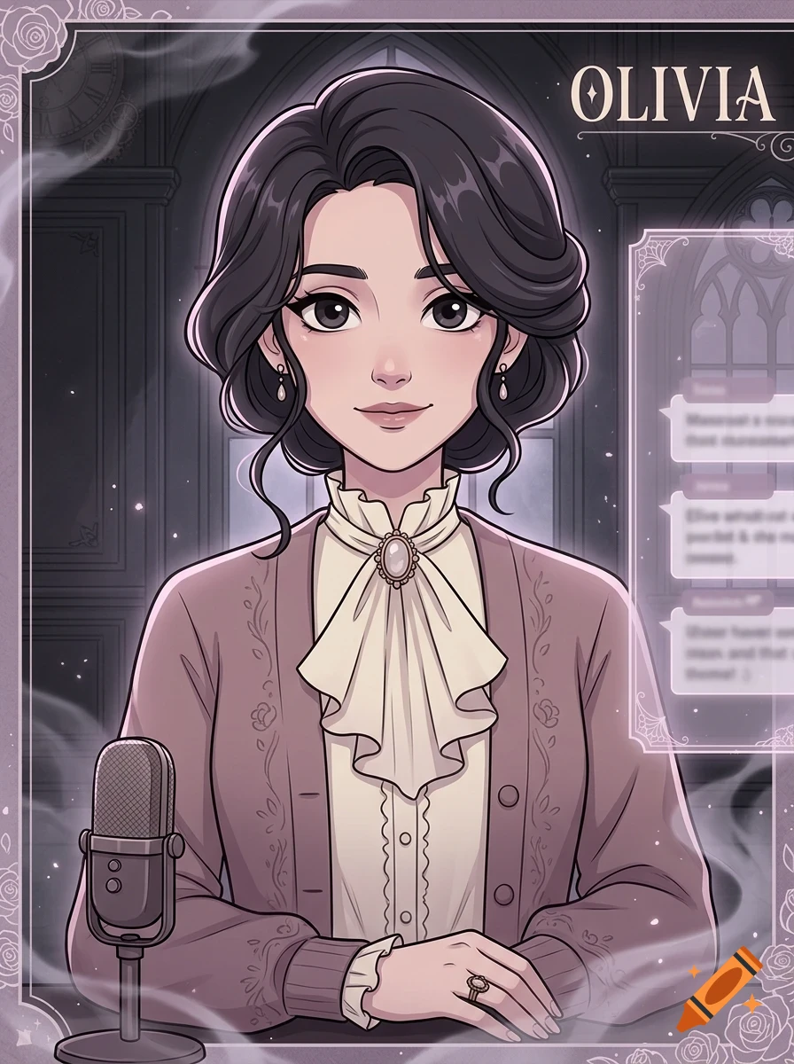 An anime-style portrait of a dark-haired woman named Olivia sitting in front of a vintage microphone with a gothic interior background.