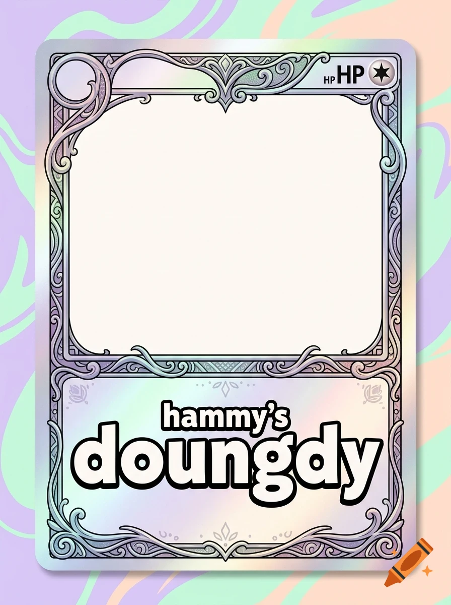 An empty holographic trading card template with intricate decorative borders and the text "hammy's doungdy".