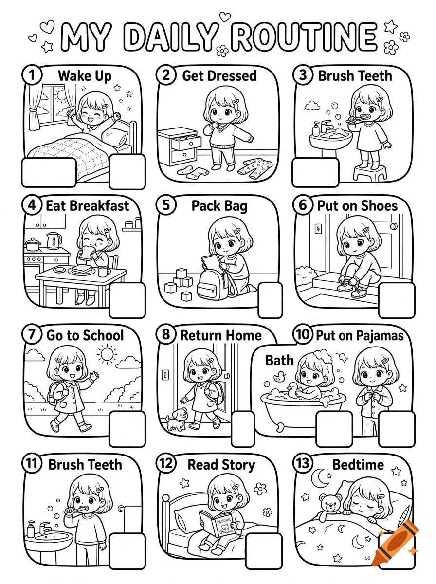 Black and white coloring page titled My Daily Routine showing a young girl going through thirteen daily activities from waking up to bedtime.