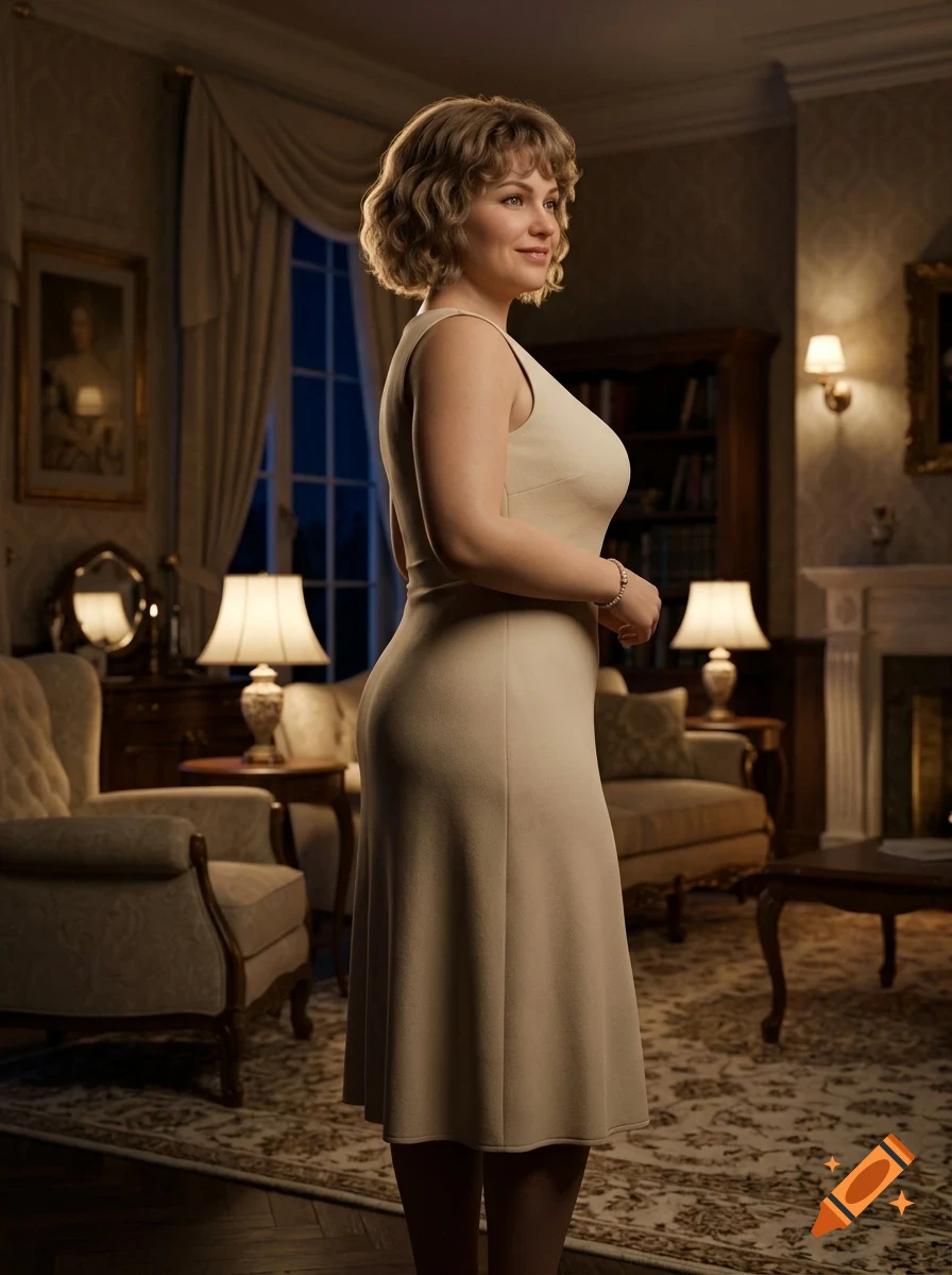 A woman wearing a sleeveless beige dress stands in a traditional living room with armchairs, lamps, and a fireplace.
