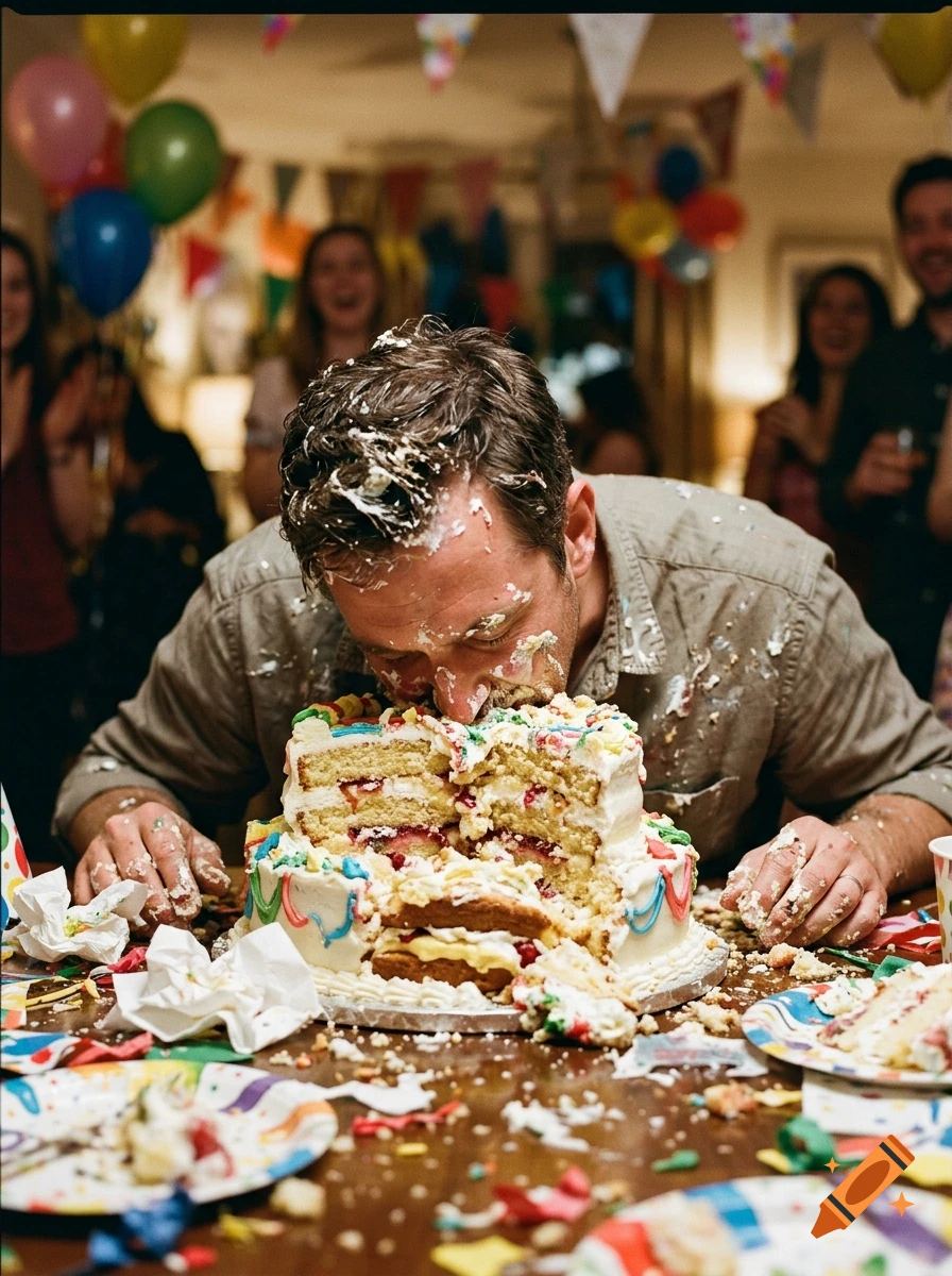Photorealistic image of a man face-first in a smashed multi-layer birthday cake at a party with balloons.