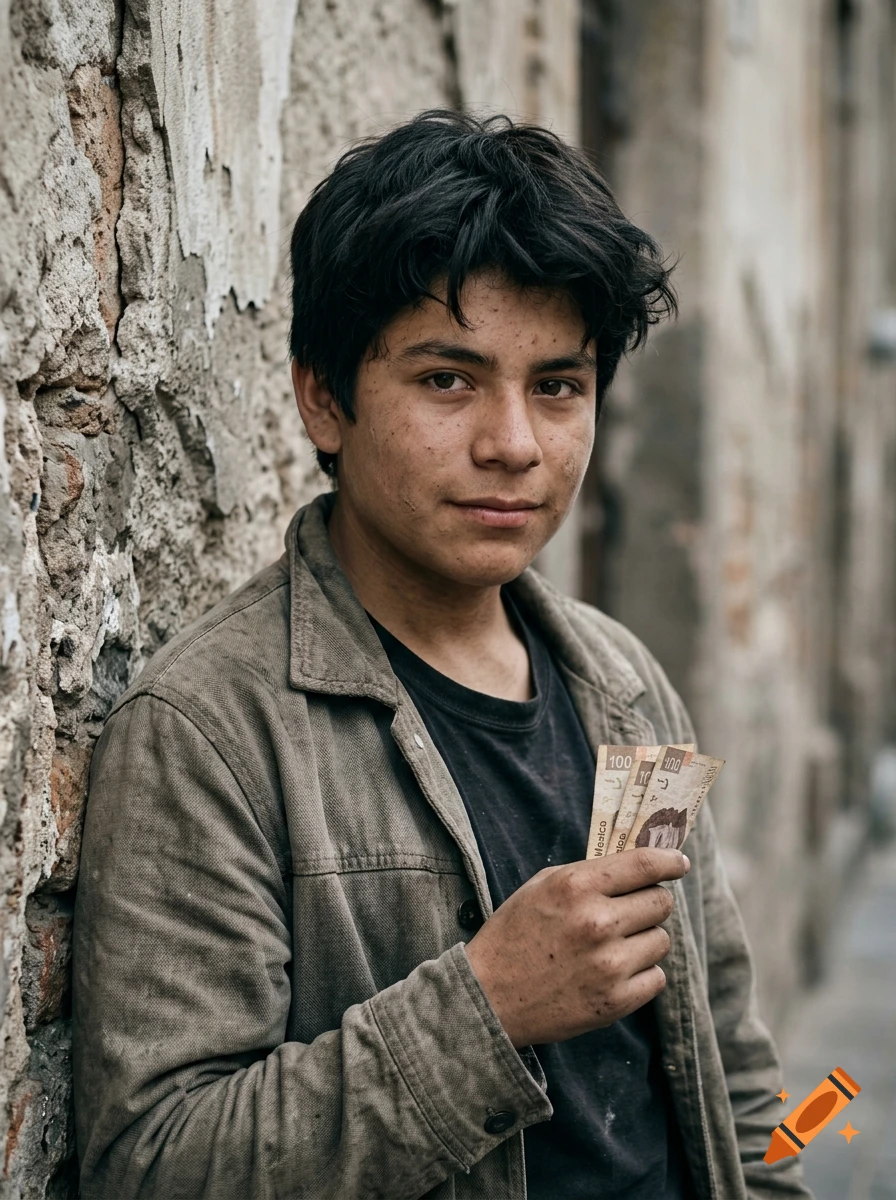 Photorealistic portrait of a young teenage boy with dark hair leaning against an old stone wall, holding Mexican banknotes.