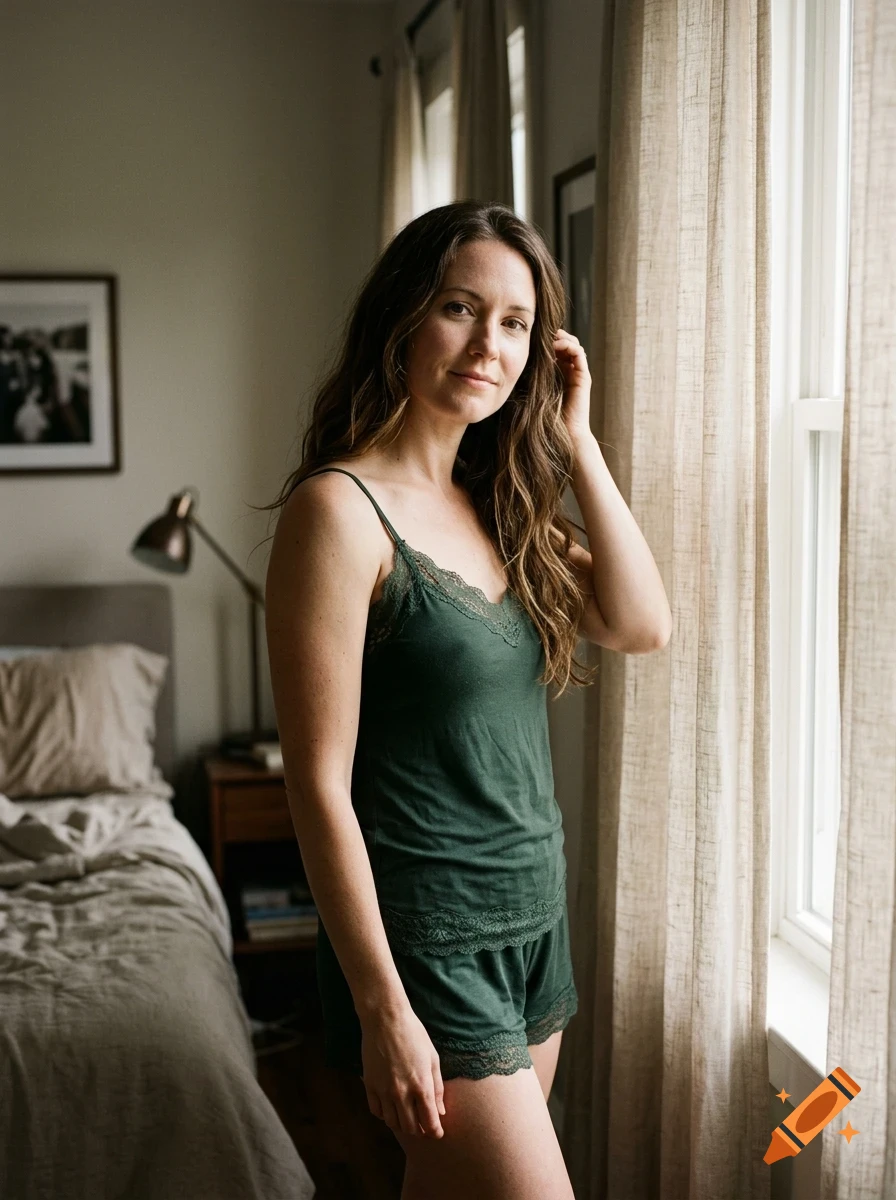 A woman with long wavy brown hair wearing a dark green lace-trimmed camisole and shorts stands near a window in a bedroom.