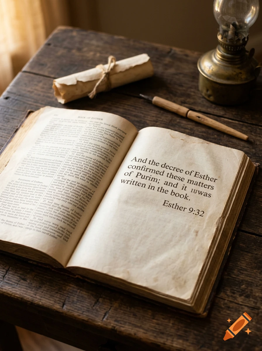 An open vintage bible on a dark wooden table with an old lamp and scroll, featuring text from Esther 9:32.