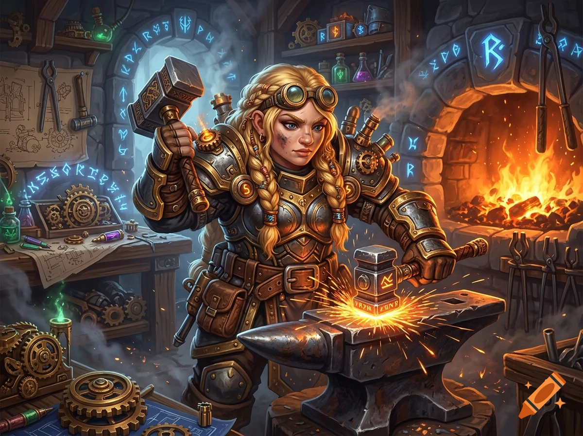 Digital painting of a blonde dwarven female blacksmith crafting with runes in a medieval forge workshop.