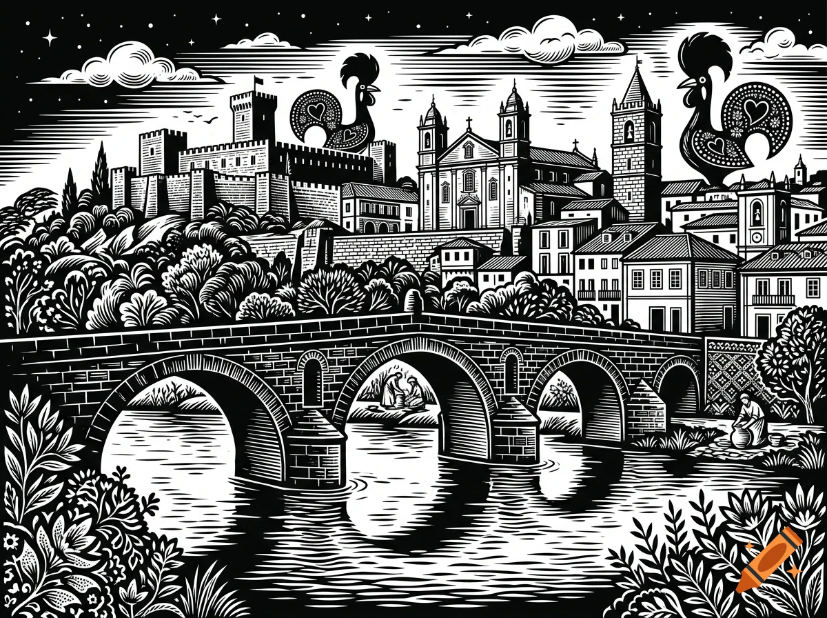 A detailed linocut-style black and white illustration of a historic European city with a bridge over a river and two giant roosters overlooking the scene.