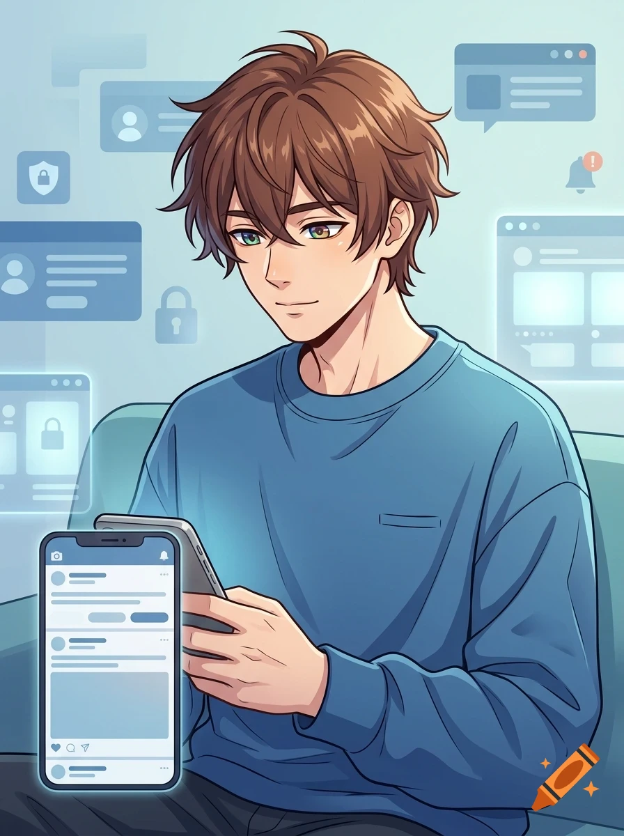 An anime-style illustration of a young man with brown hair using a smartphone, surrounded by floating interface windows and notification icons.