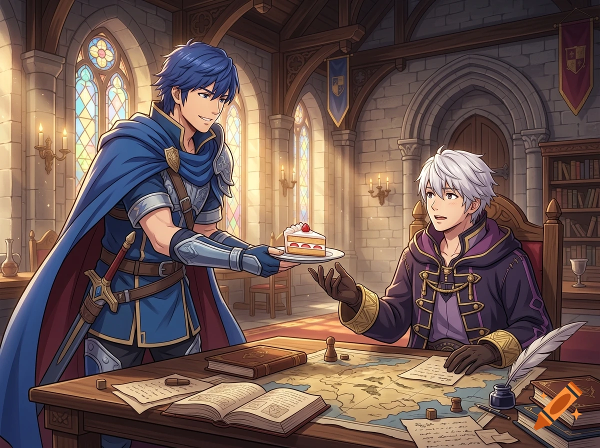 Detailed anime illustration of Chrom offering a slice of cake to Robin inside a medieval castle library.