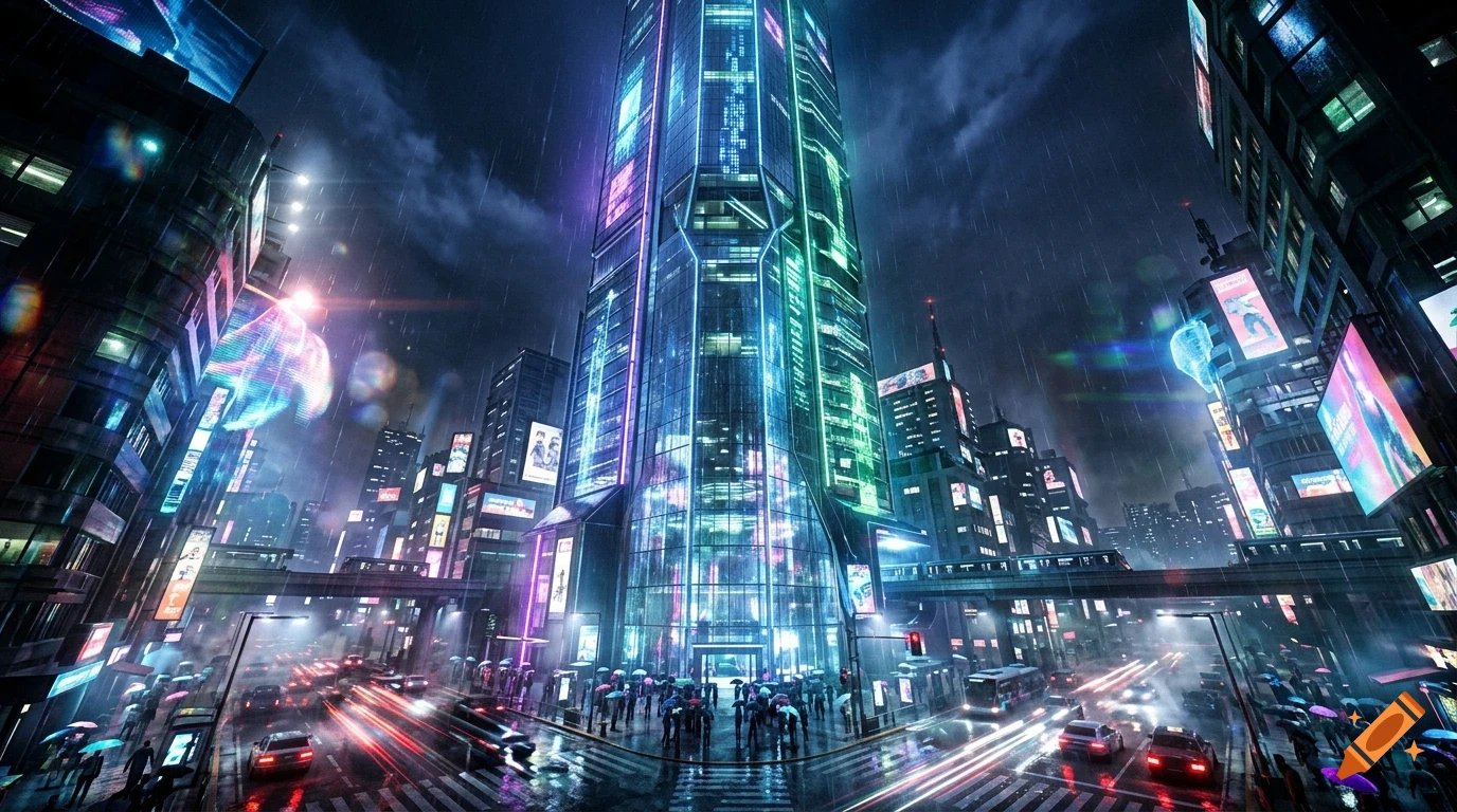 A futuristic city street at night under the rain, featuring towering skyscrapers lit by vibrant neon lights, traffic with light trails, and pedestrians walking with umbrellas.