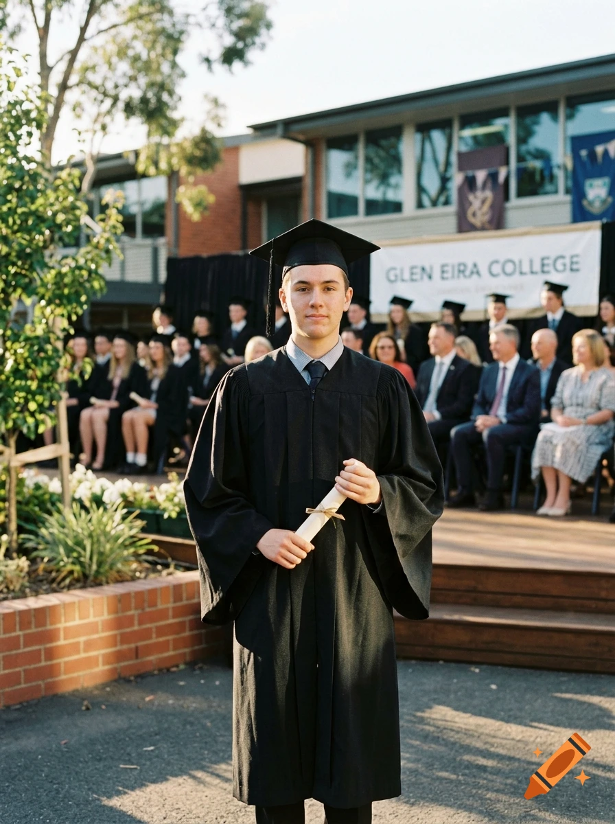 A young male student in graduation cap and gown holding a diploma, with a school banner in the background.
