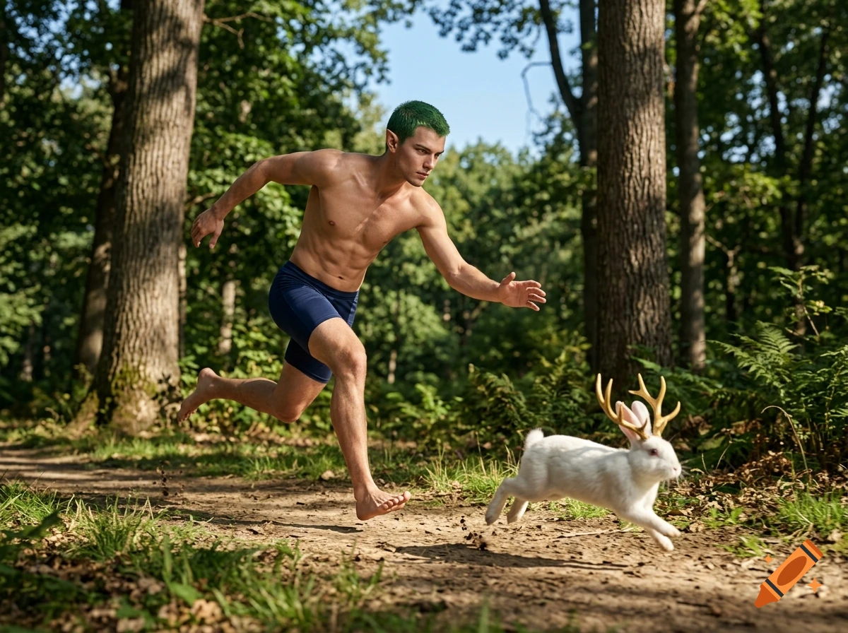 Photorealistic image of a young male elf with green hair and pointed ears running barefoot in a forest after a white rabbit with golden antlers.