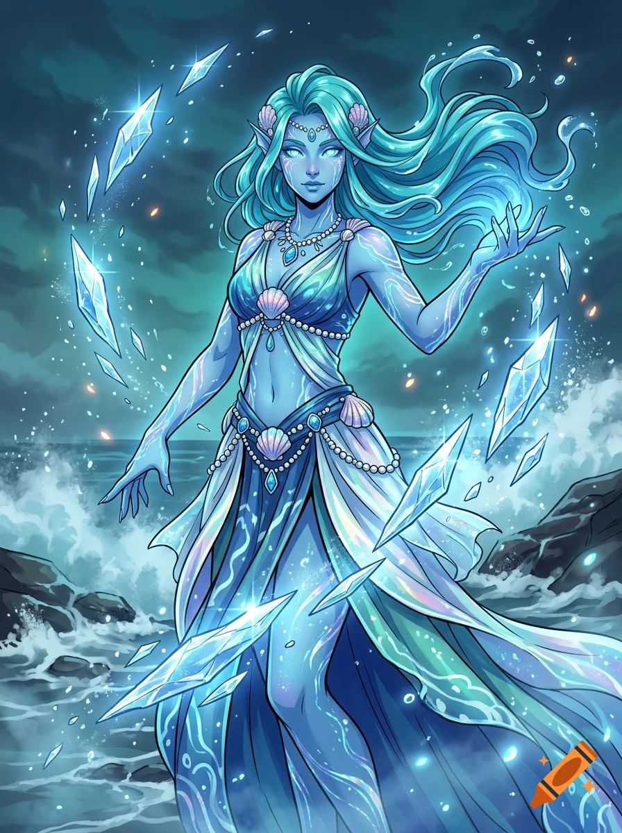 An anime-style illustration of a fantasy water-themed female creature with glowing blue skin and hair, wearing seashell and pearl jewelry, surrounded by floating ice shards near a rocky ocean shore.